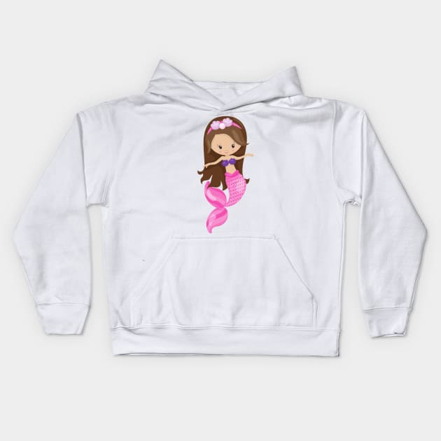 Little Mermaid, Cute Mermaid, Brown Hair, Shells Kids Hoodie by Jelena Dunčević